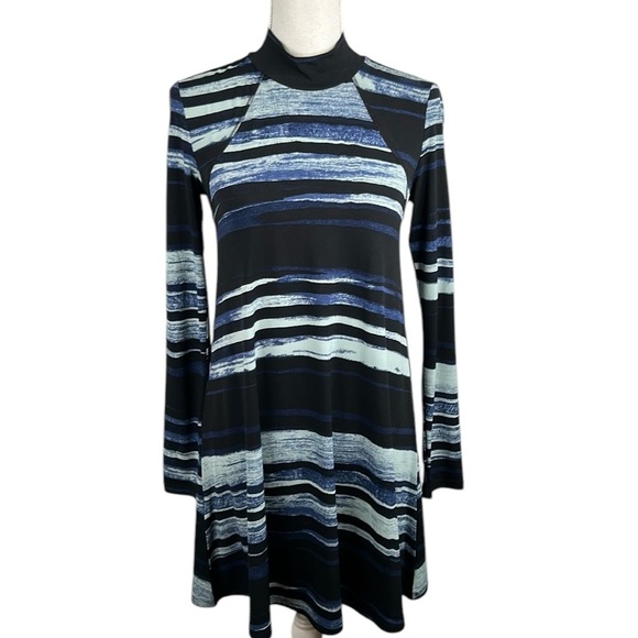 BCBGeneration Blue Striped Mock Neck Long Sleeve Fit & Flare Dress Size XXS - Picture 1 of 6